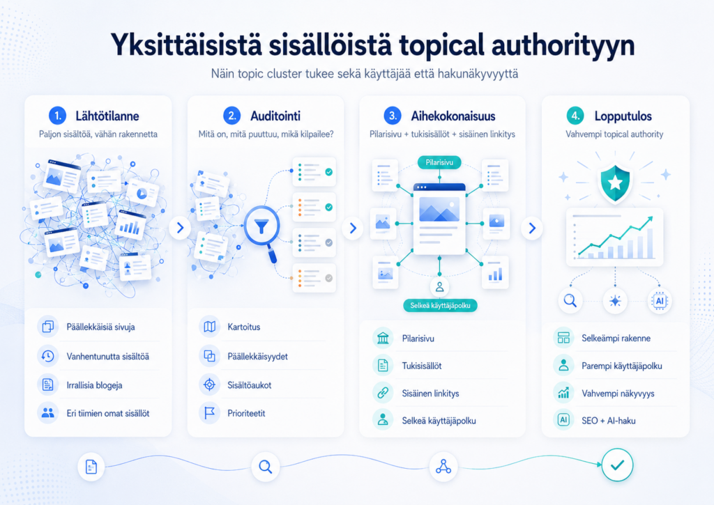 Infograafi näyttää, miten irralliset sisällöt muuttuvat sisältöauditoinnin avulla selkeäksi aihekokonaisuudeksi, joka vahvistaa käyttäjäpolkua ja hakunäkyvyyttä.